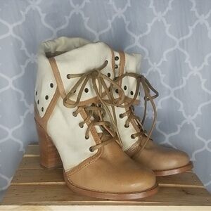 Frye canvas and leather lace-up heeled boots